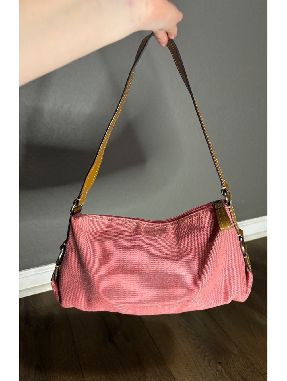 Fossil Pink Canvas Shoulder Bag with Brown Leather Strap